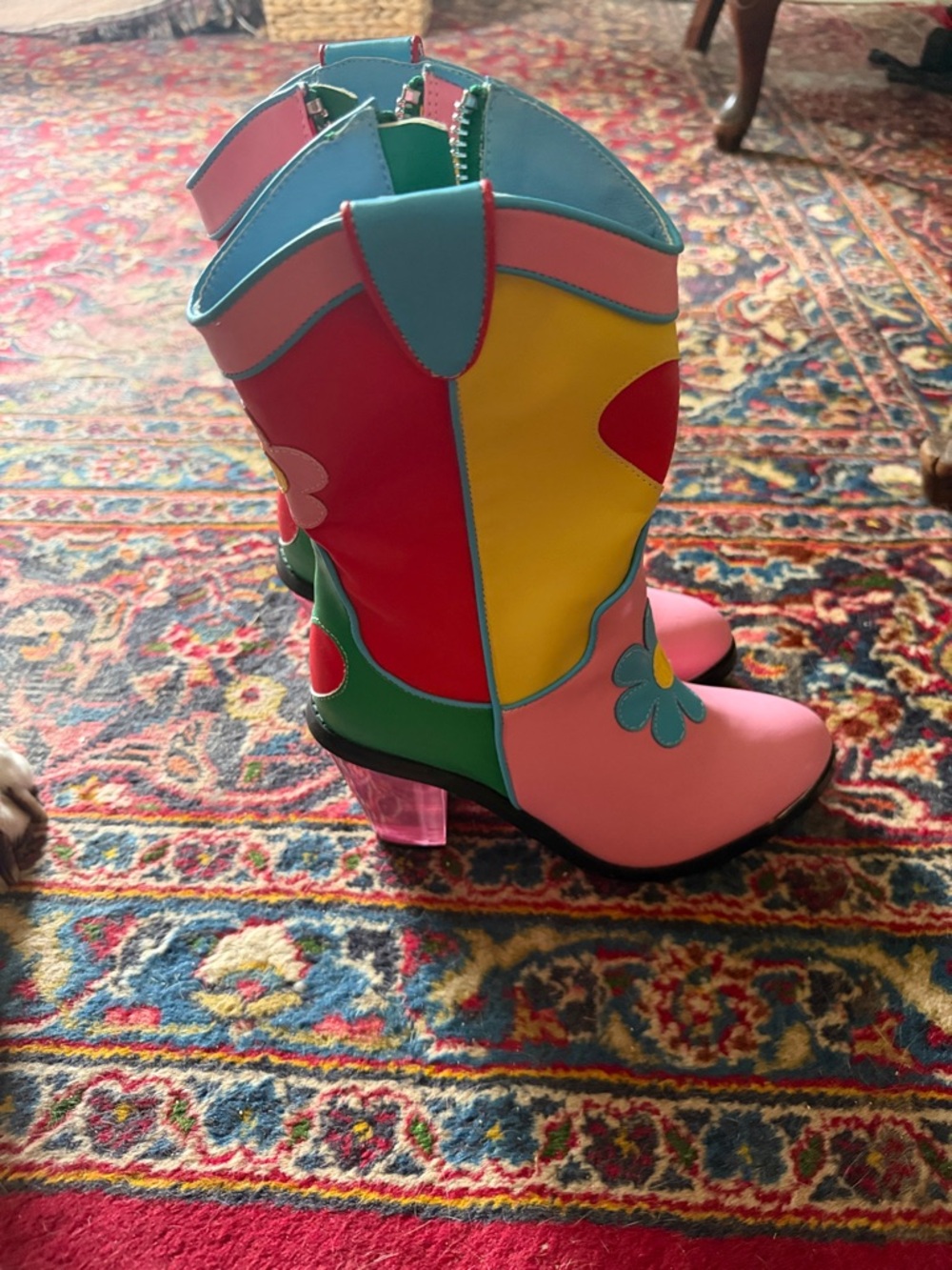 Women’s Pink & Yellow Floral Heart Mid-Calf Boots - Picture 2 of 3